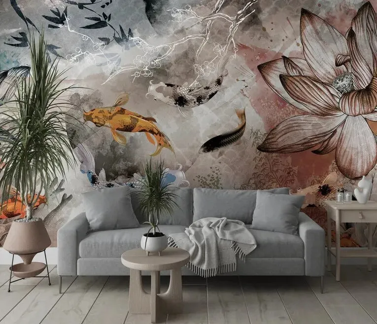 gold-koi-florals-wallpaperwallmural (2)