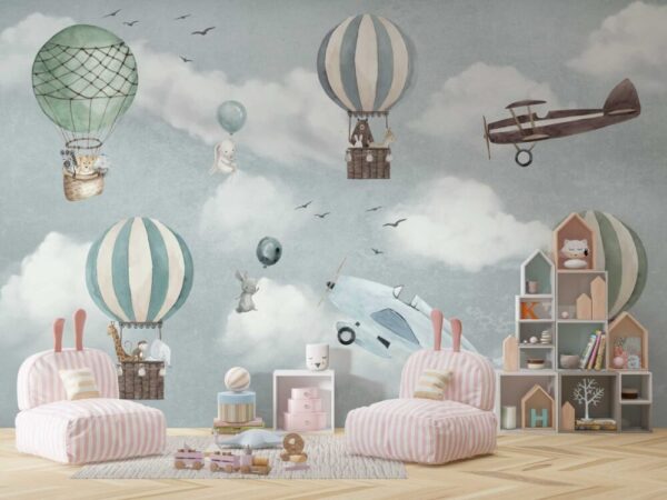 Animals Flying in Balloon Wall Mural - Image 2