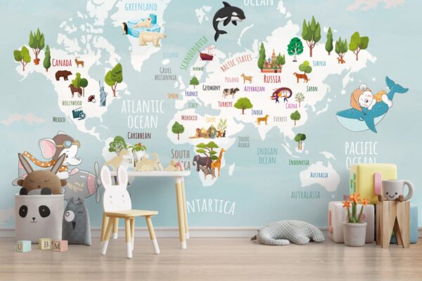 3D Turquoise Animal Map Kids Wallpaper