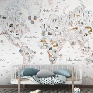 Watercolor Kids Map with Cute Animals Wallpaper