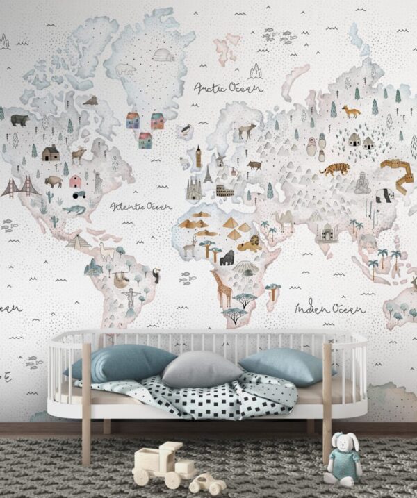 Watercolor Kids Map with Cute Animals Wallpaper