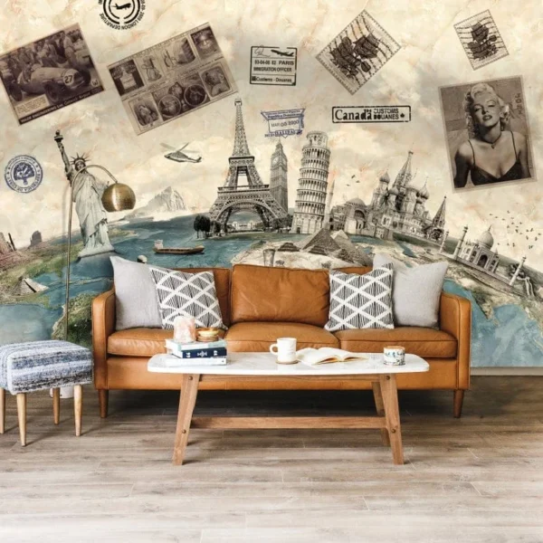 Retro Travel Adventure Wall Mural – Vintage Wanderlust Decor