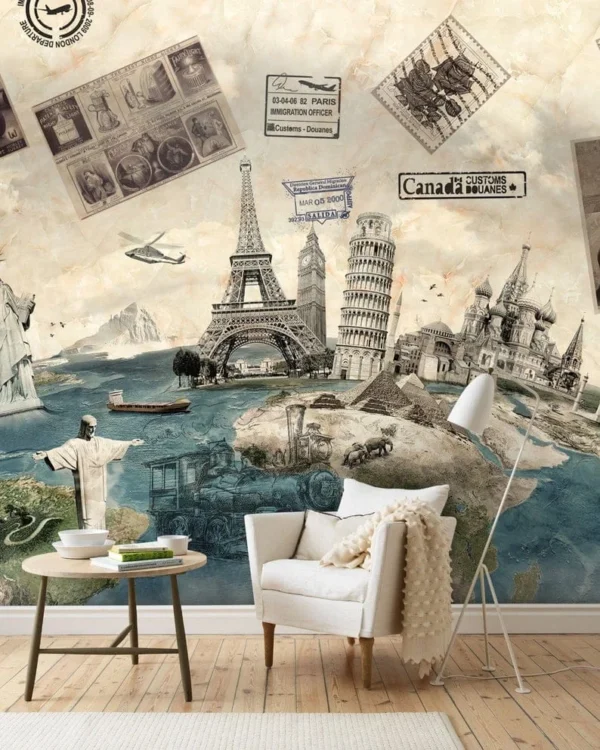 Retro Travel Adventure Wall Mural – Vintage Wanderlust Decor - Image 2