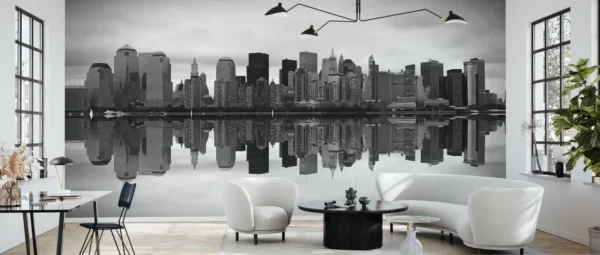 Black & White Manhattan Wall Mural – Reflective NYC Skyline Art